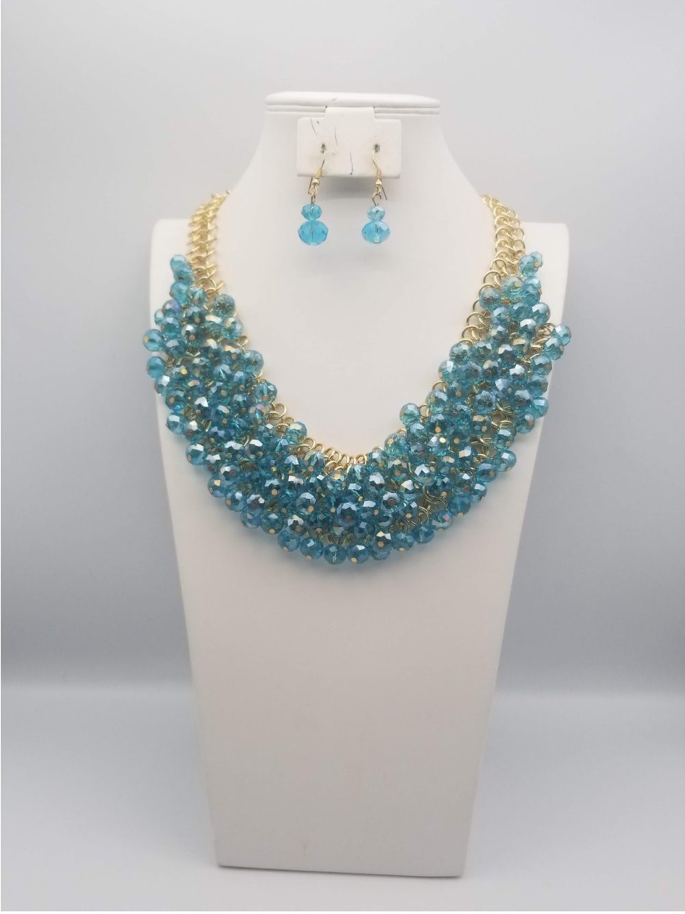 Gold Chain Aqua Bead Statement Necklace with Matching Earrings